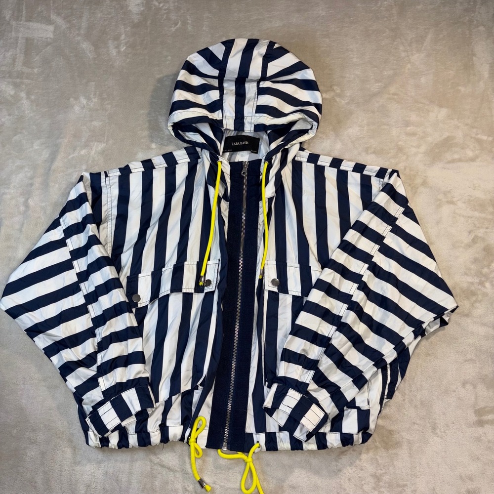 Zara Basic Womens Navy White Striped Hooded Windbreaker Jacket Neon Yellow Small